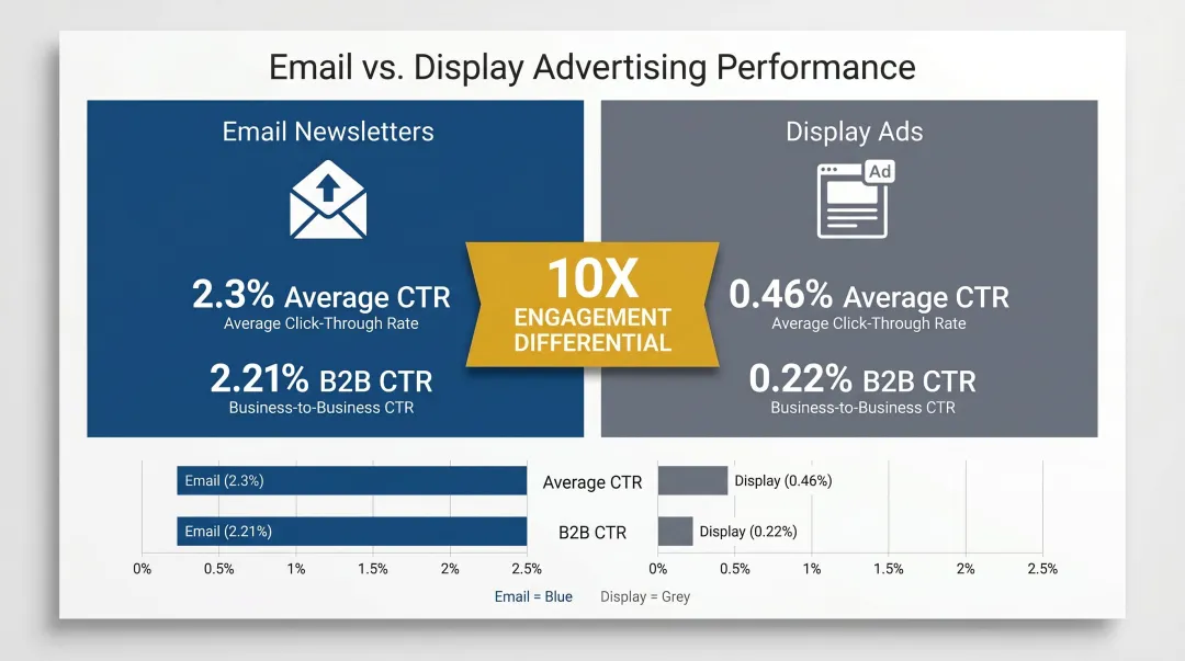 Email newsletter versus display ads CTR comparison infographic with engagement data