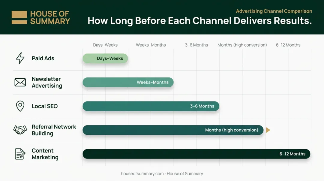 Advertising channel results timeline comparison from days to twelve months