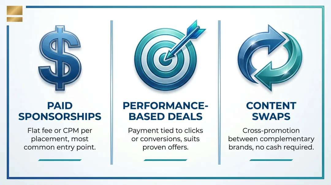 Three newsletter partnership commercial models paid sponsorship performance and content swap