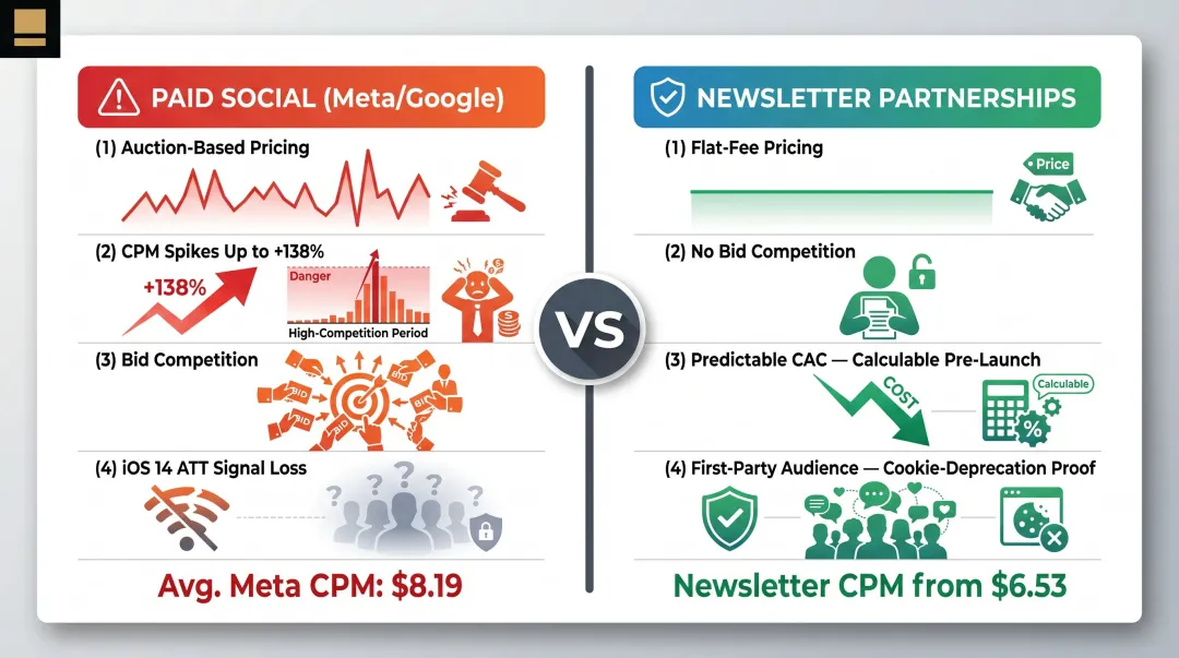 Newsletter versus paid social cost efficiency comparison showing four structural advantages