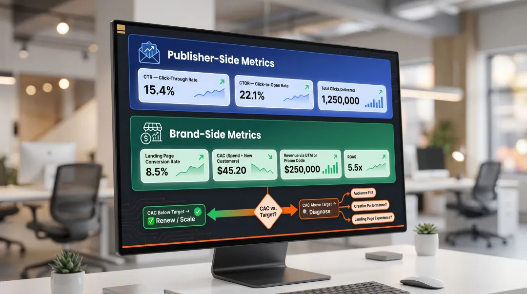 Newsletter campaign performance evaluation framework tracking publisher and brand side metrics