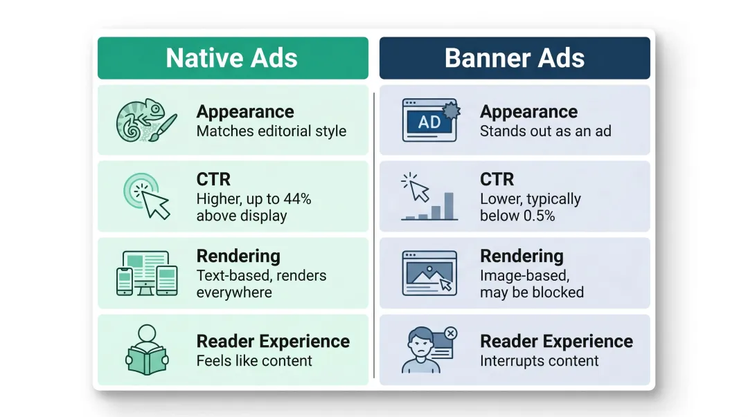 Native ads versus banner ads in newsletters side-by-side comparison infographic