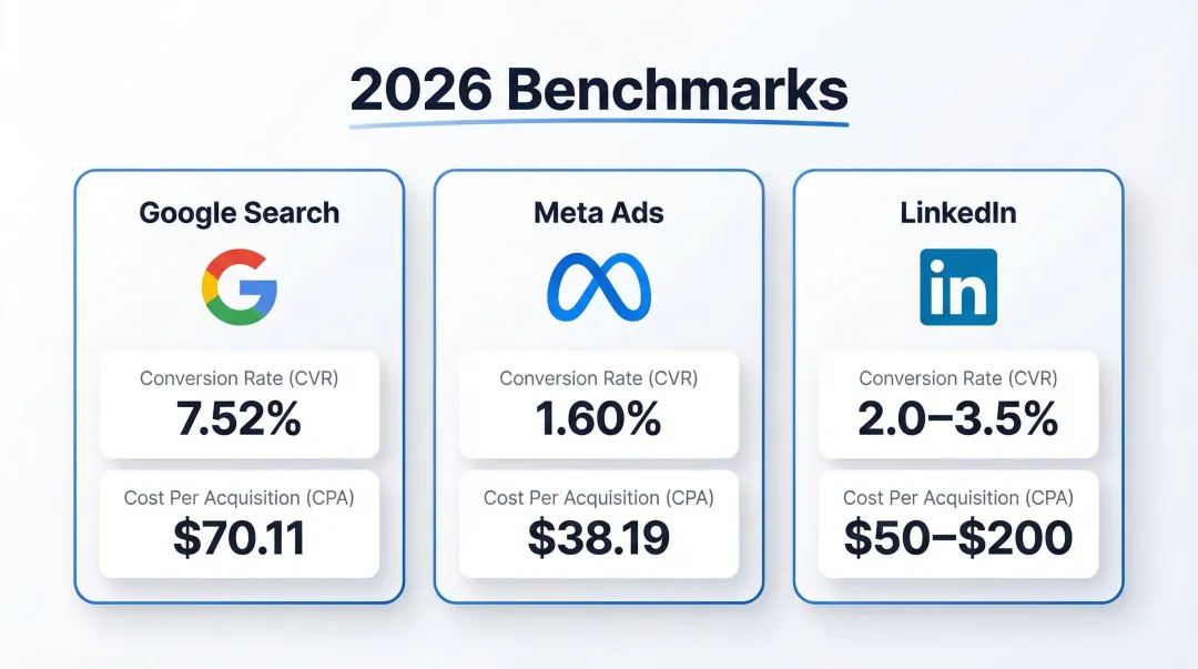2026 conversion rate and cost per acquisition benchmarks across Google Meta LinkedIn