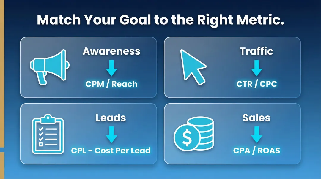 Four campaign goals mapped to primary ad performance metrics awareness traffic leads sales
