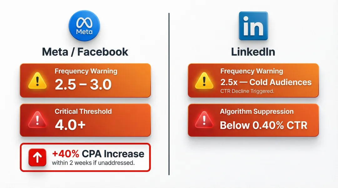 Ad fatigue frequency thresholds for Meta Facebook and LinkedIn platforms