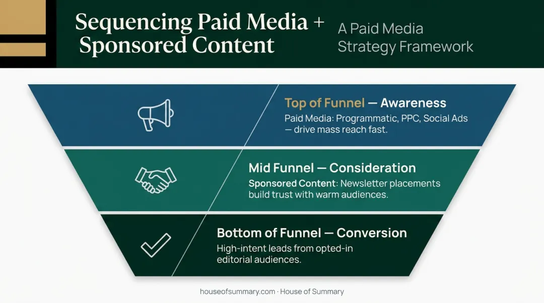 Paid media and [sponsored content](/service/huffington-post-sponsored-content) sequencing strategy funnel from awareness to conversion