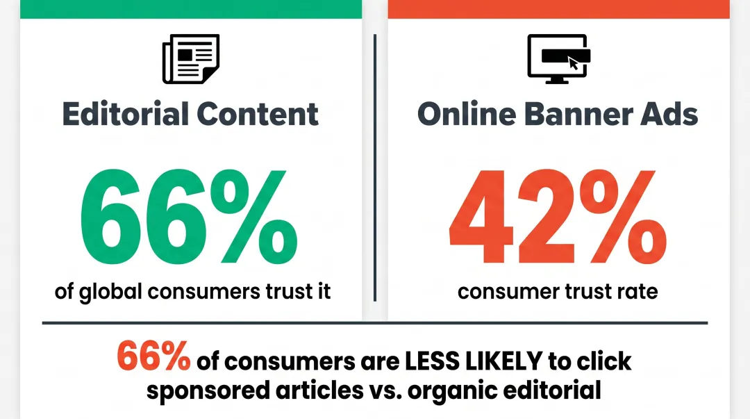 Paid editorial versus banner ad reader trust and click likelihood statistics comparison