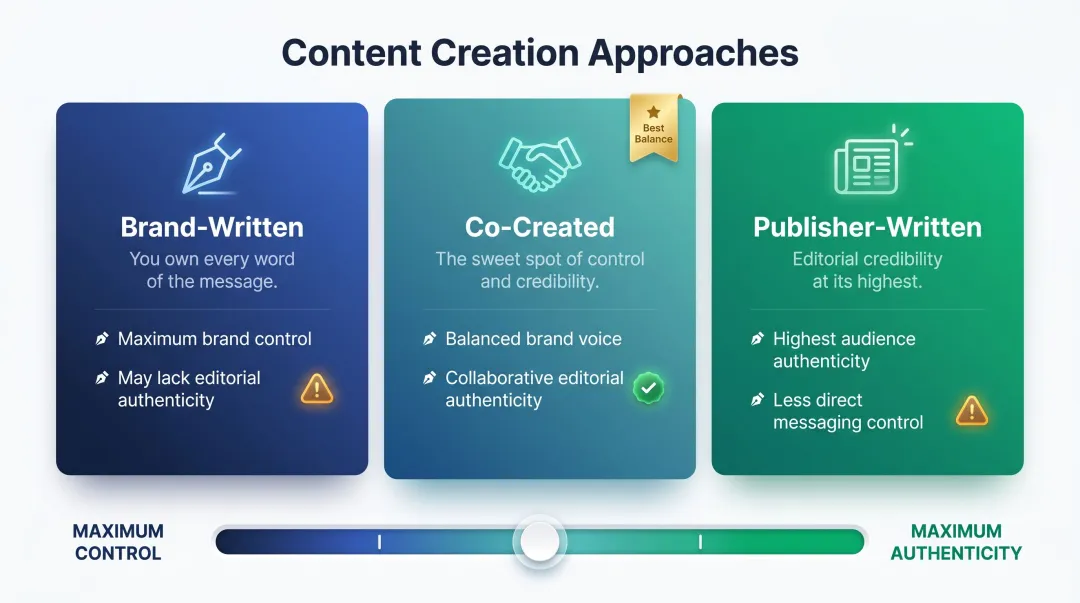 Three paid editorial content creation methods comparison from brand to publisher