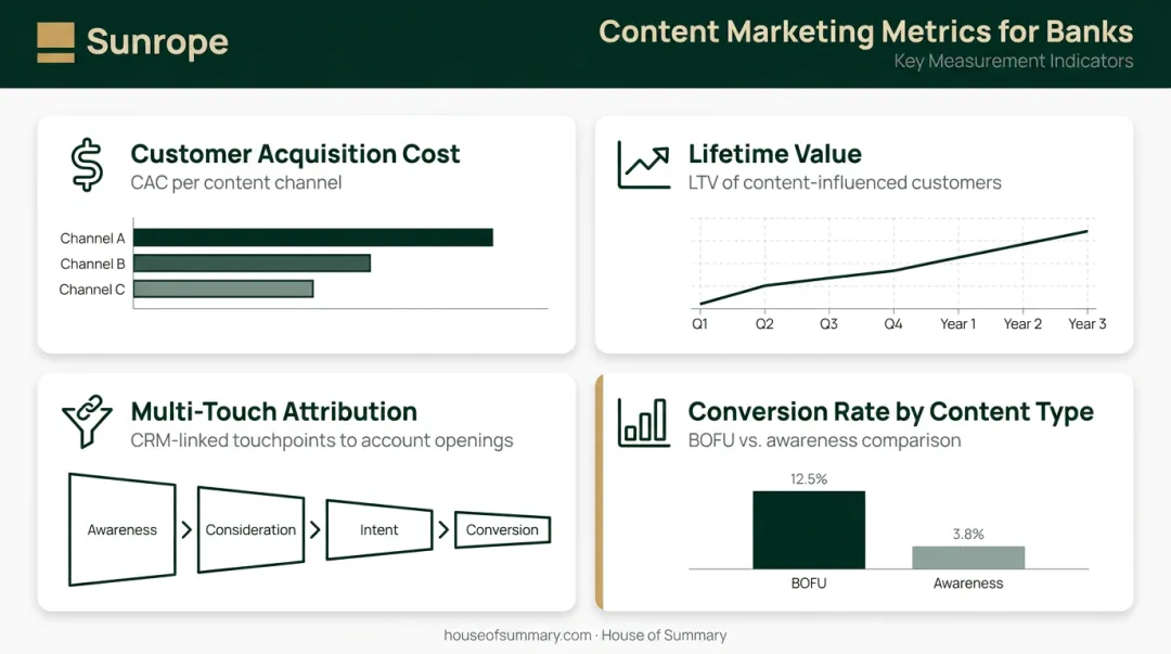 Four key bank content marketing ROI metrics CAC LTV attribution conversion rate