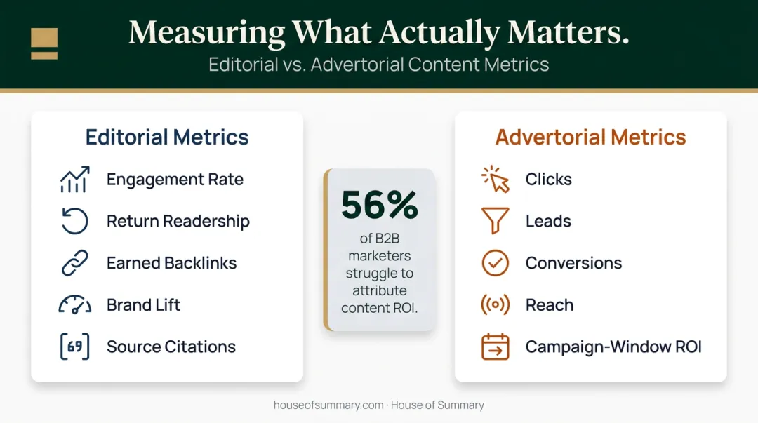 Editorial versus advertorial measurement metrics comparison with ROI attribution gap