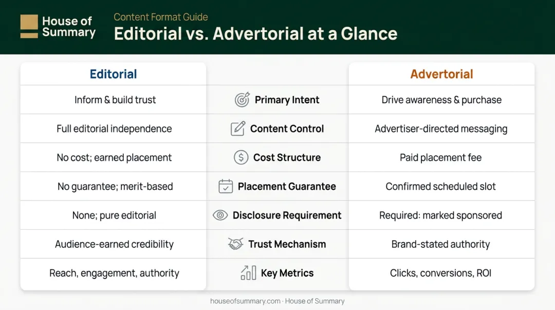 Editorial versus advertorial seven-dimension side-by-side comparison infographic