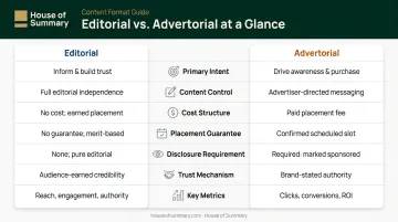 Editorial versus advertorial seven-dimension side-by-side comparison infographic