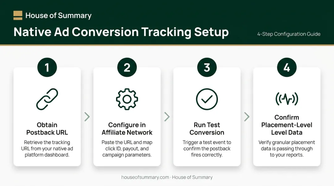 4-step native ad conversion tracking setup process flow diagram
