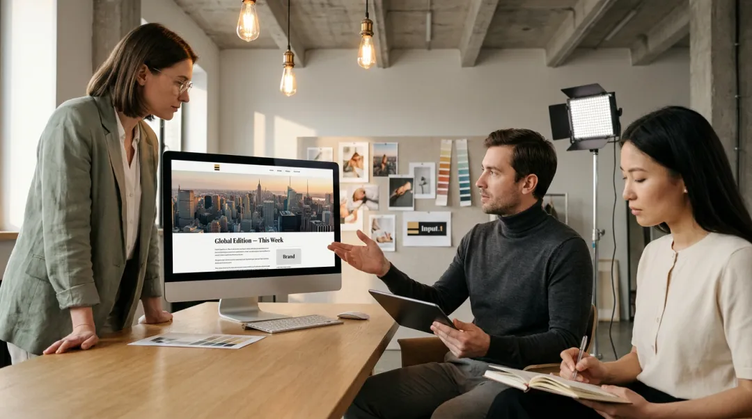 Luxury brand creative team reviewing high-production aspirational campaign photography in studio