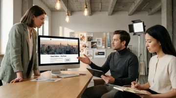 Luxury brand creative team reviewing high-production aspirational campaign photography in studio