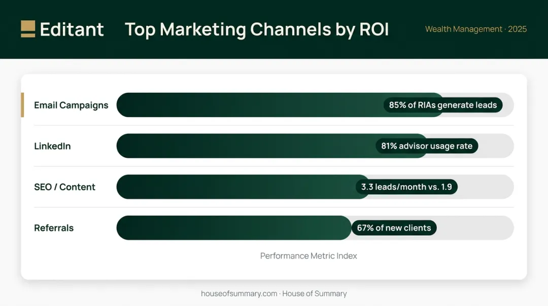 Wealth management marketing channel ROI comparison email LinkedIn SEO referrals