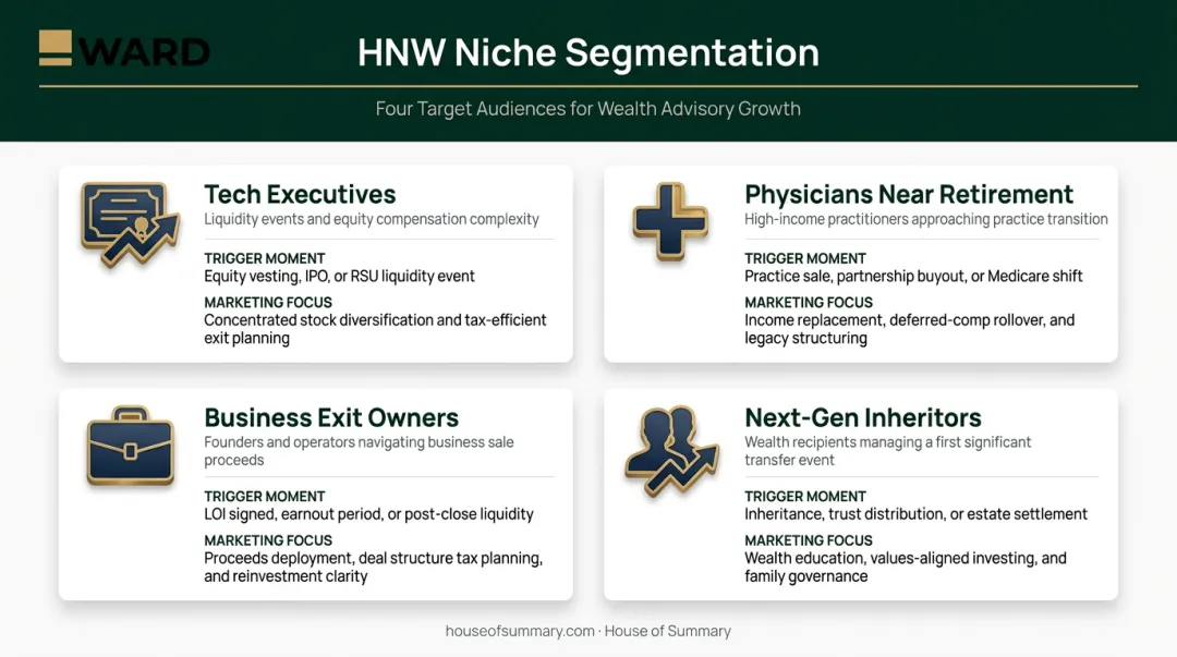 Four high-net-worth wealth management niche segments with trigger moments infographic
