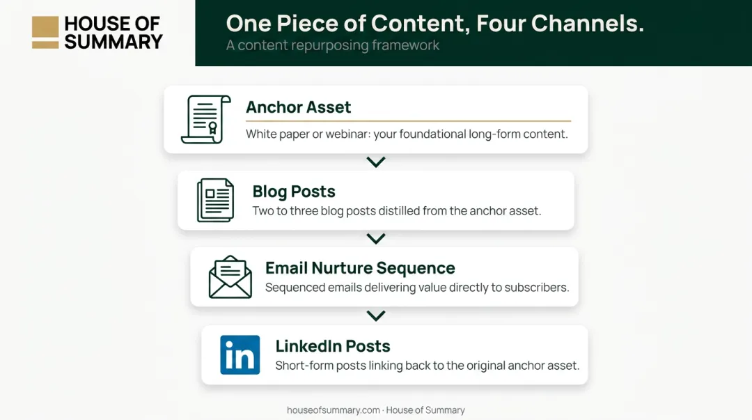 Four-step content repurposing framework from white paper to LinkedIn posts workflow