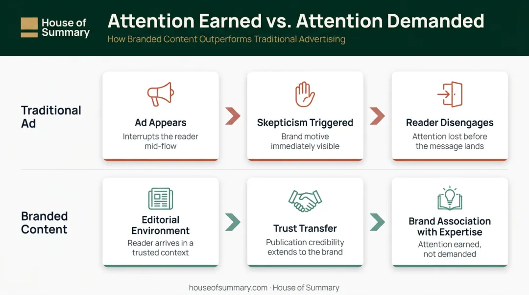 Branded content trust mechanism showing reader engagement versus traditional ad interruption