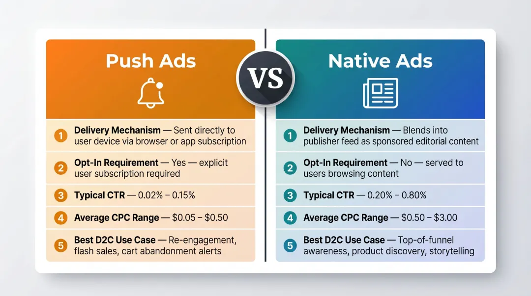 Push ads versus native ads side-by-side comparison infographic for D2C brands