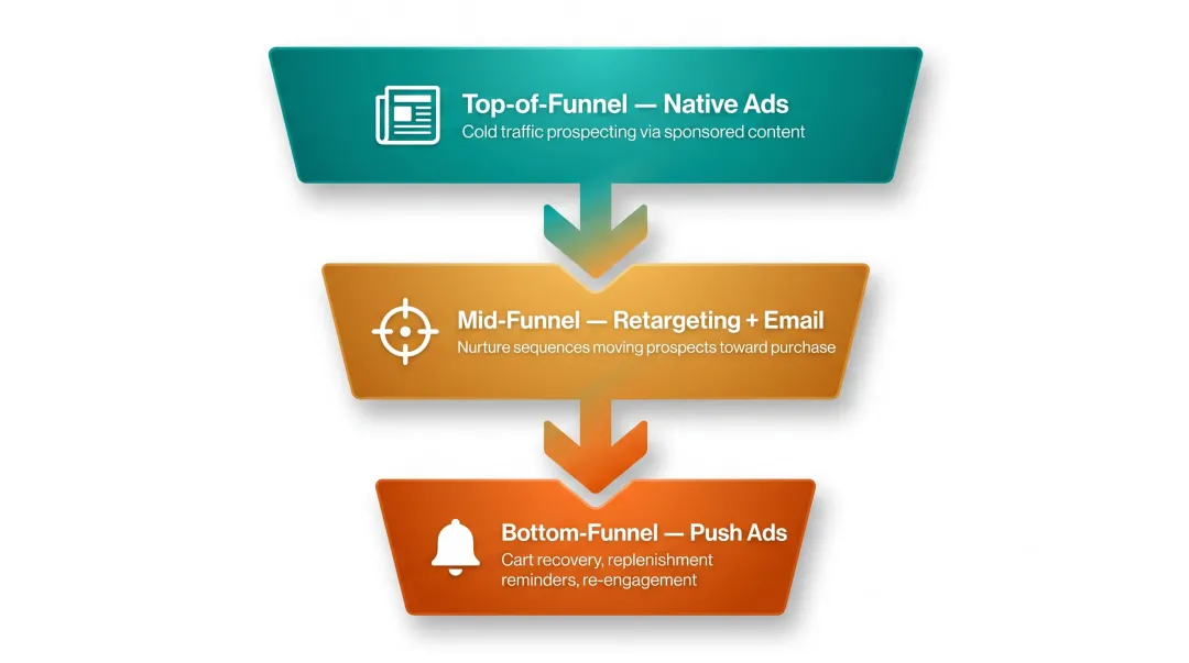 Three-stage D2C full-funnel strategy combining native and push ads across customer journey