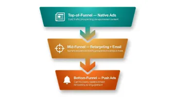 Three-stage D2C full-funnel strategy combining native and push ads across customer journey