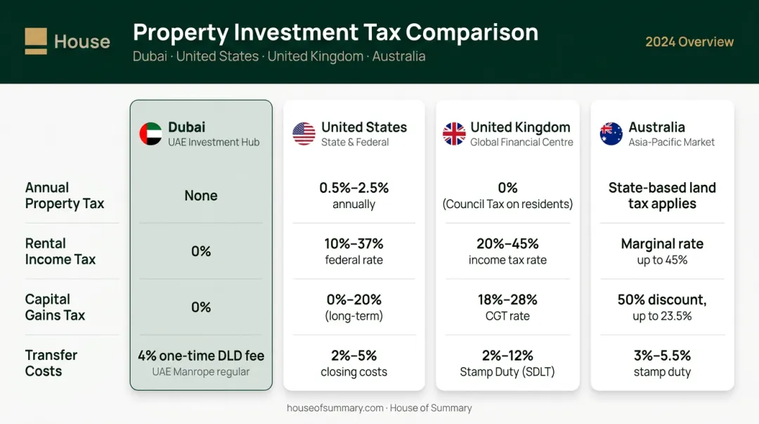 Four-market property tax comparison table Dubai US UK Australia investor costs