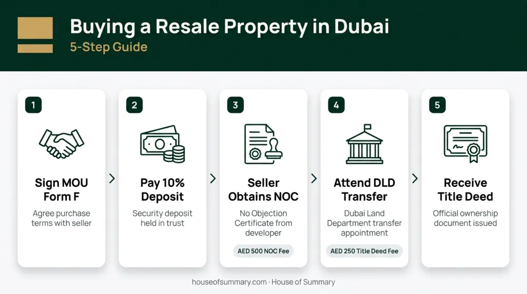 5-step Dubai resale property purchase process from MOU signing to title deed