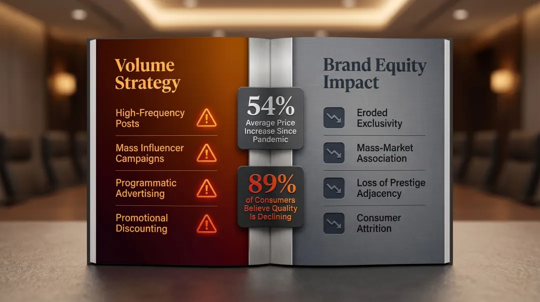 Luxury brand content volume versus exclusivity positioning conflict comparison infographic