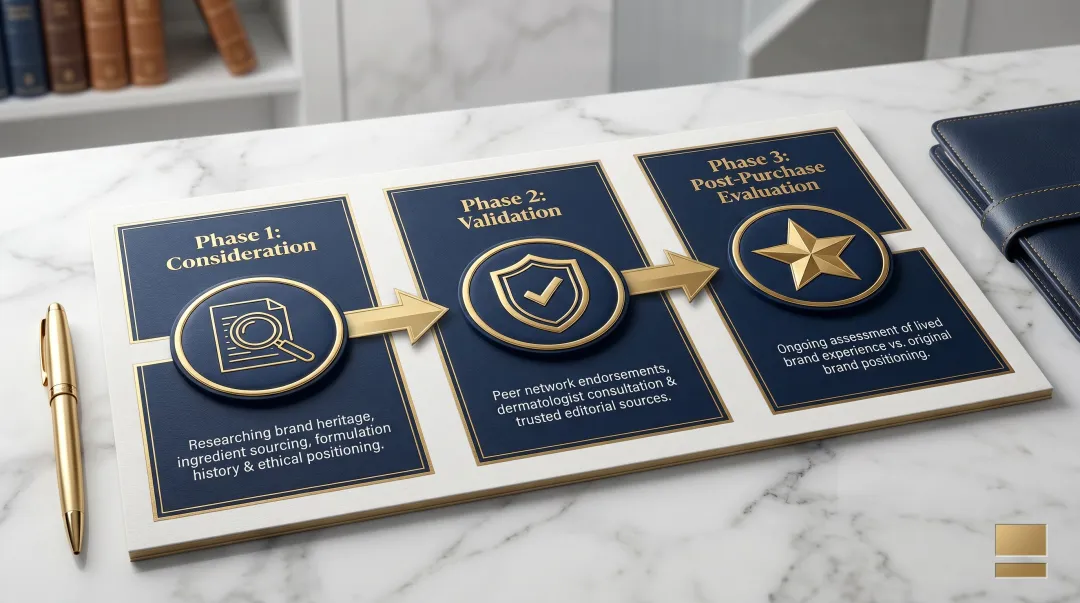 Three-phase HNW luxury beauty purchase decision journey infographic