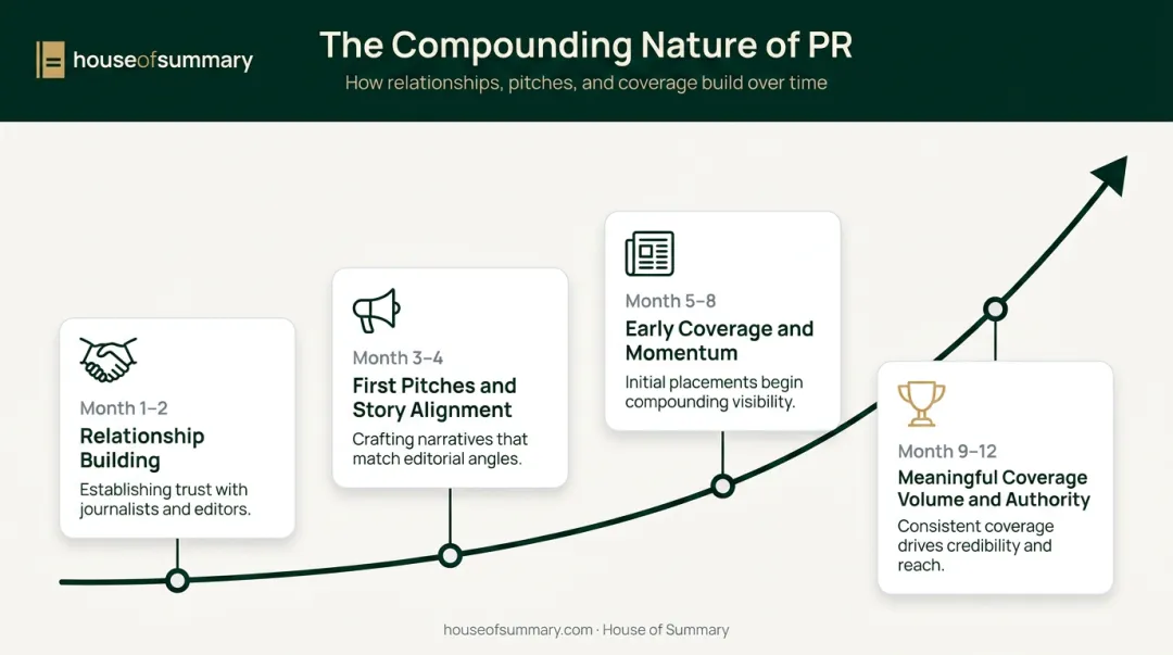 PR results timeline showing 6 to 12 month credibility building milestone phases