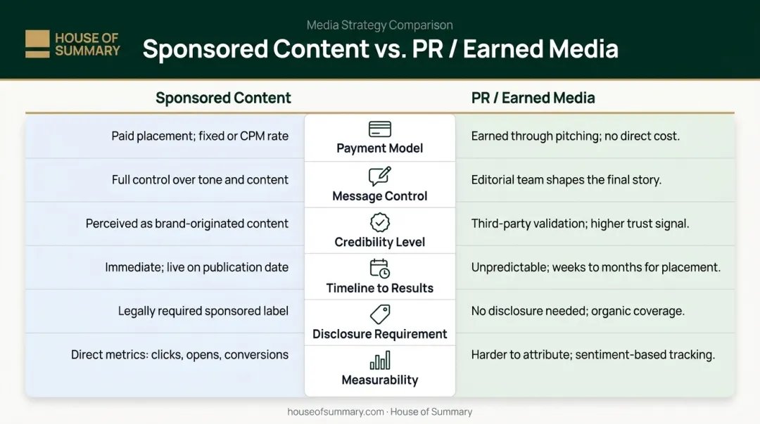 Sponsored content versus PR side-by-side comparison of six key factors