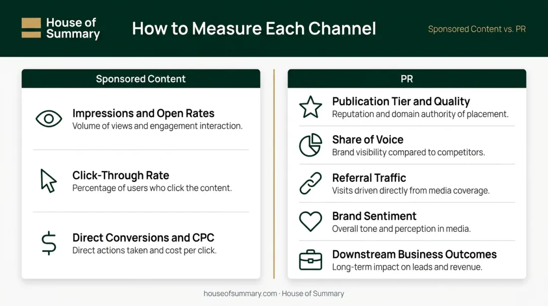 Sponsored content and PR measurement metrics comparison framework for marketers