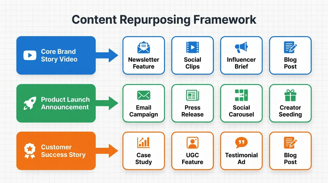 D2C content repurposing framework mapping core assets to distribution channels