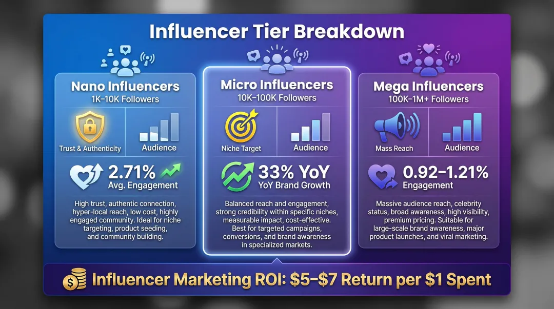 Influencer tier comparison nano micro mega engagement rates and ROI benchmarks