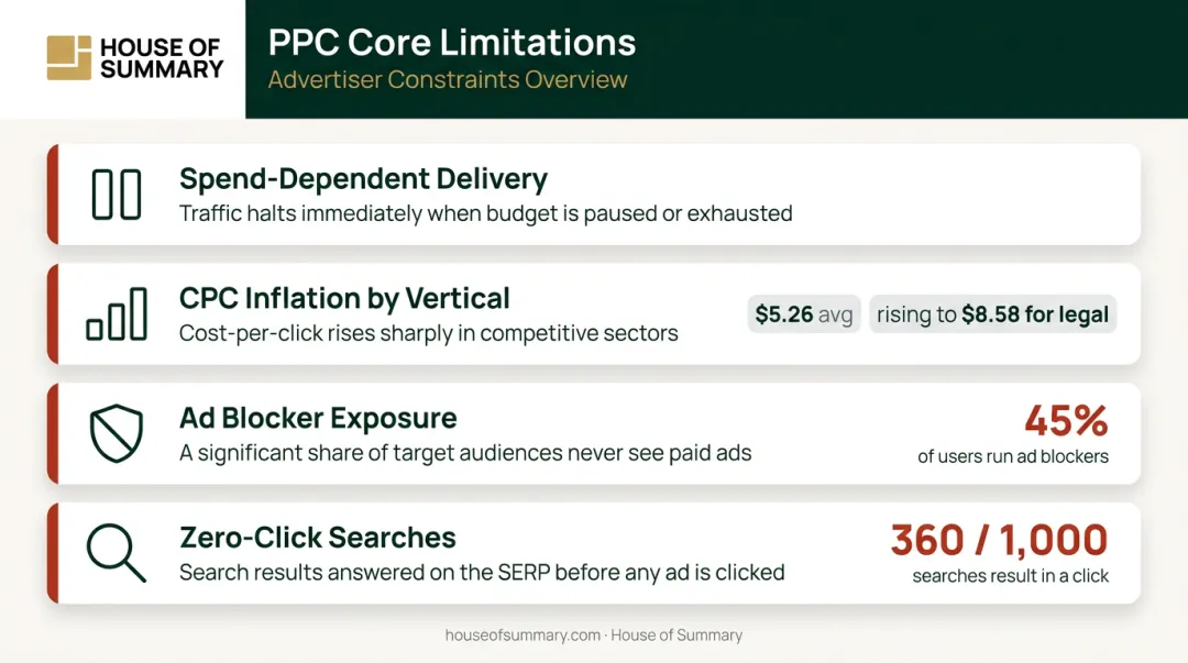 Four core PPC limitations including ad blockers zero-click searches and CPC inflation