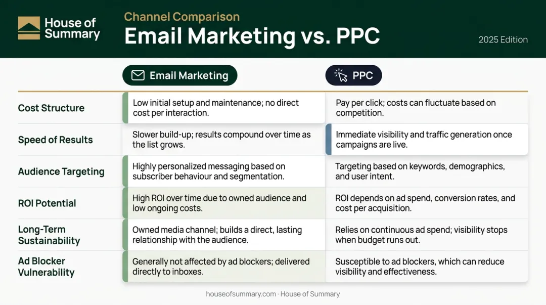Email marketing versus PPC six-factor side-by-side comparison infographic