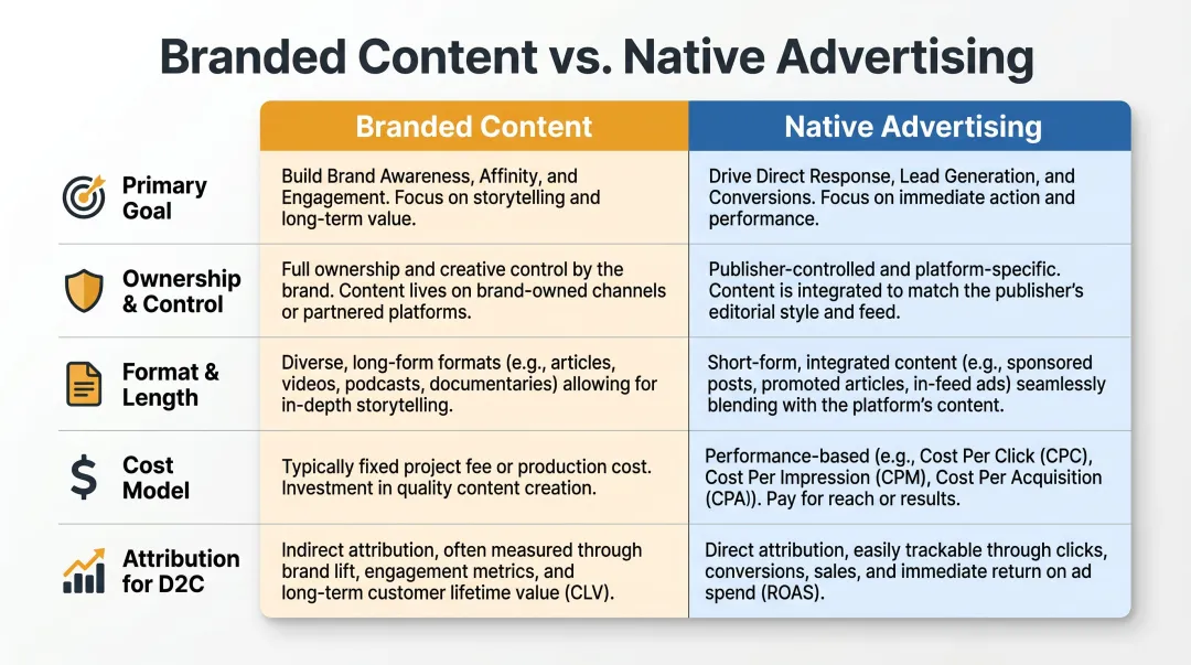 Branded content versus native advertising five-dimension comparison table infographic