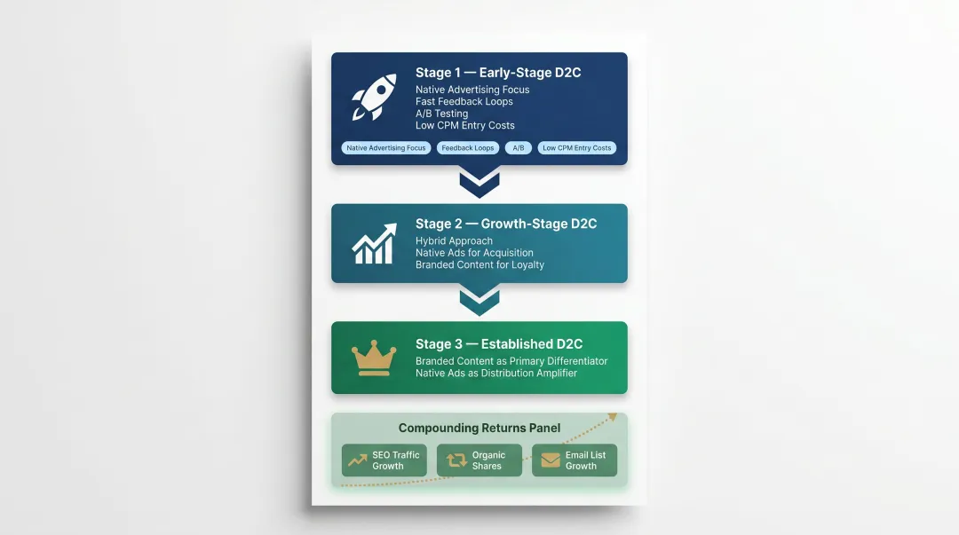 Three-stage D2C brand growth strategy native ads and branded content framework