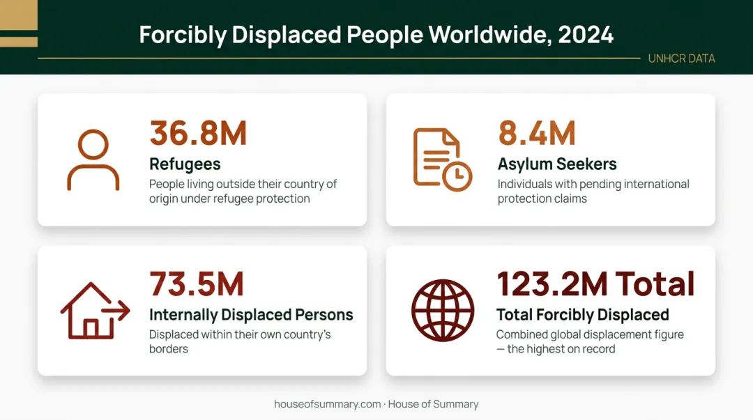 Global forced displacement breakdown infographic showing 123 million displaced people 2024