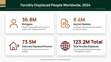 Global forced displacement breakdown infographic showing 123 million displaced people 2024