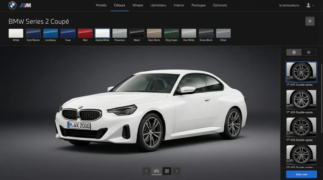 Audi online car configurator interface showing dynamic personalisation and vehicle customisation options