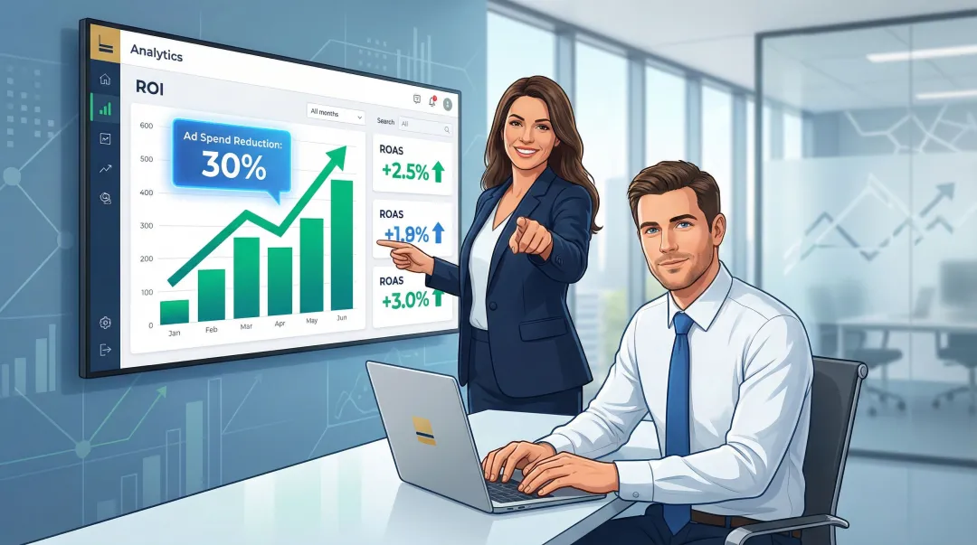 Marketing team reviewing closed-loop campaign performance dashboard with ROI growth metrics