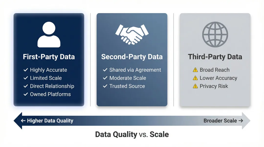 Three types of audience data first-party second-party third-party comparison infographic