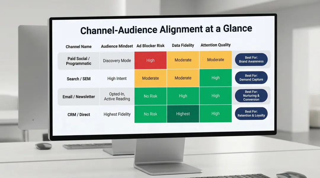Marketing channel comparison paid social search email CRM audience attention quality