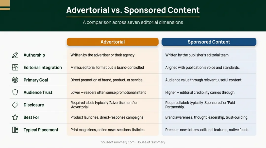 Advertorial versus sponsored content side-by-side comparison infographic seven dimensions