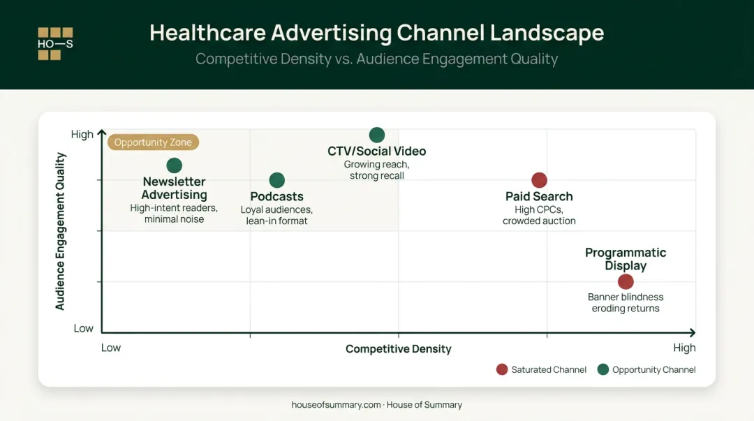 Healthcare advertising channel comparison competitive density versus audience engagement matrix