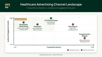 Healthcare advertising channel comparison competitive density versus audience engagement matrix