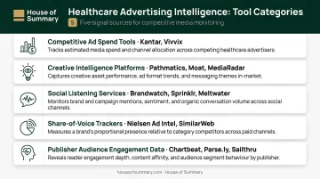 Five healthcare advertising intelligence tool categories comparison infographic
