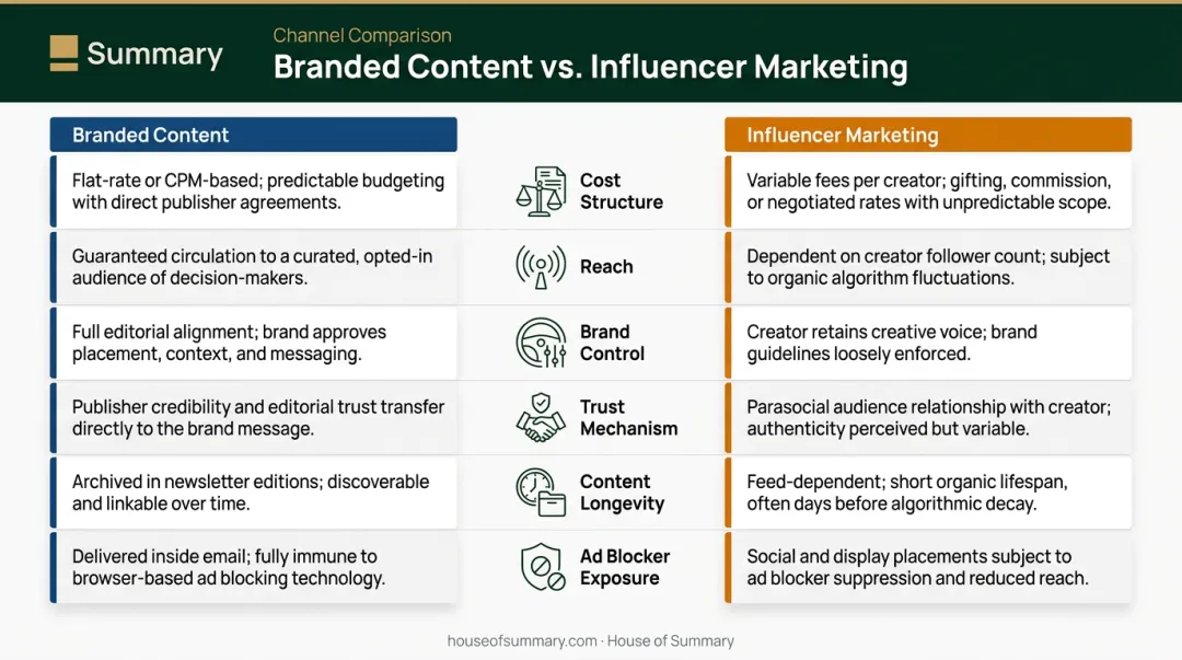 Branded content versus influencer marketing six-factor side-by-side comparison infographic